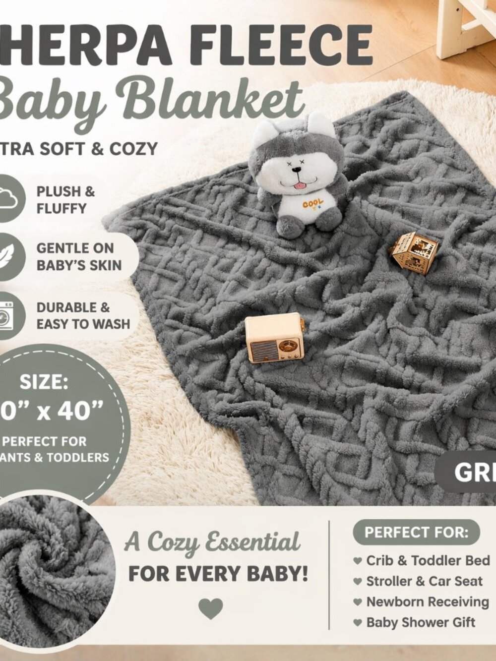 Sherpa Fleece Baby Blanket 30x40 Grey – Ultra Soft Plush Infant Toddler Blanket - Picture 4 of 5